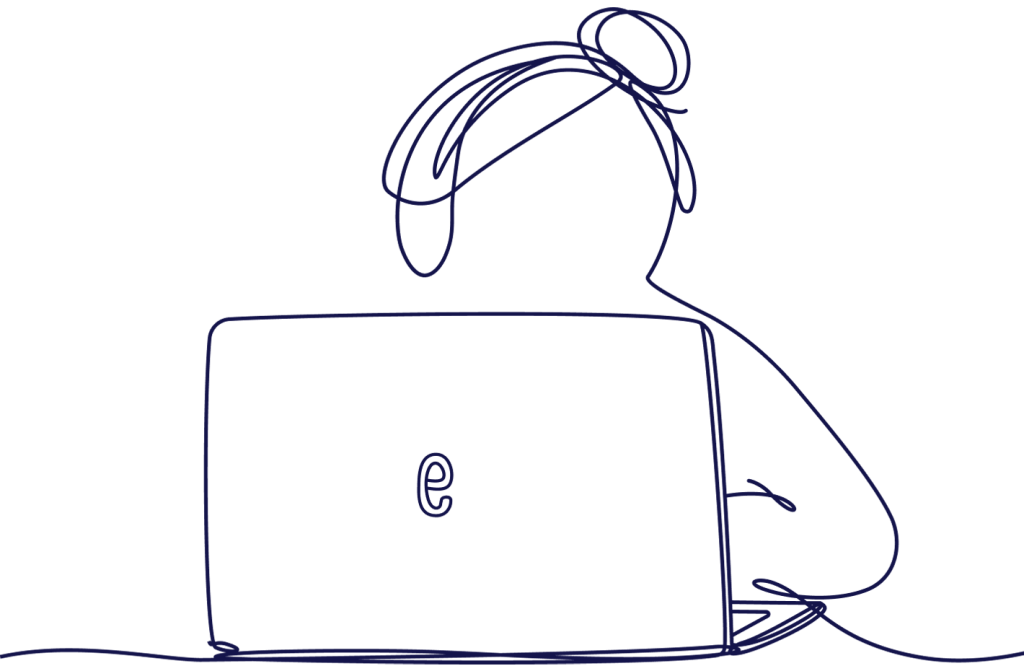 Line-art tyylinen piirros ihmisestä joka istuu läppärin takana