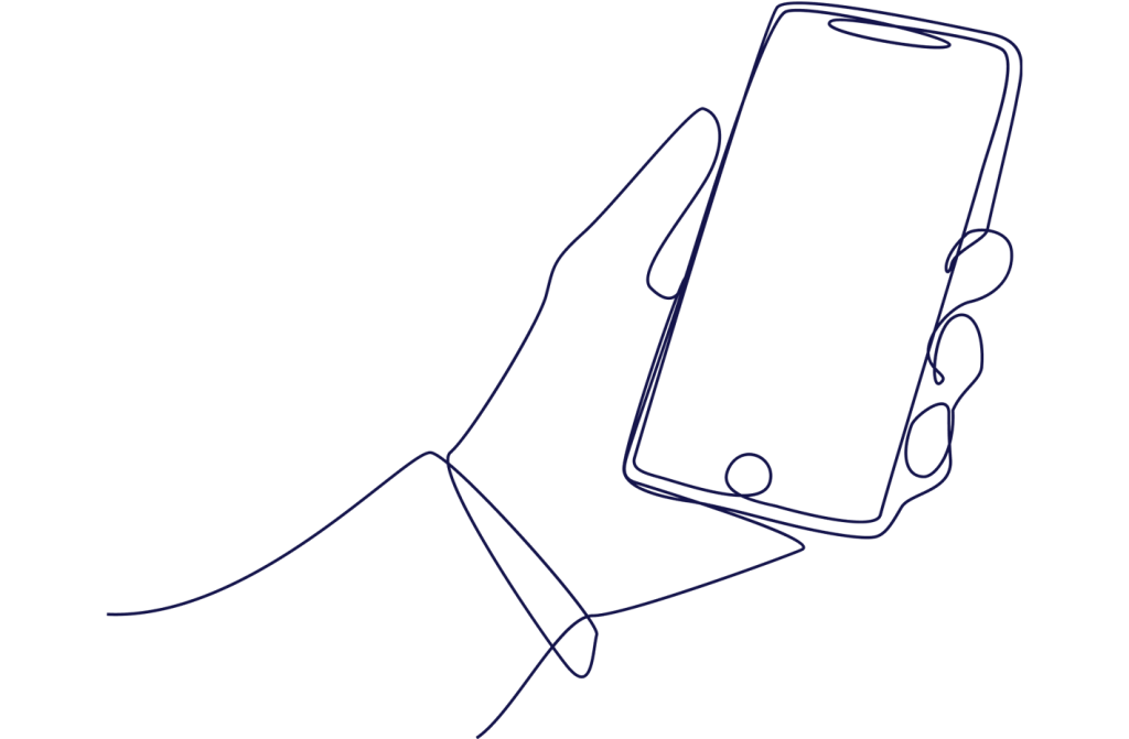 Line-art tyylinen piirros kädestä joka pitää puhelinta