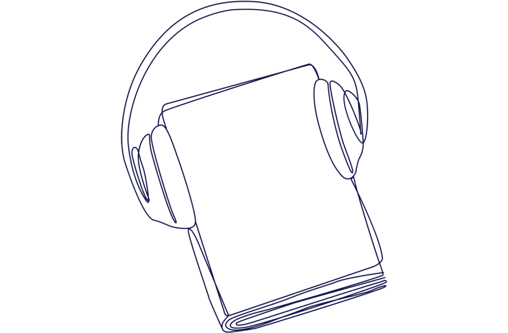 Line-art tyylinen kuva kirjasta, jolla on päällä kuulokkeet