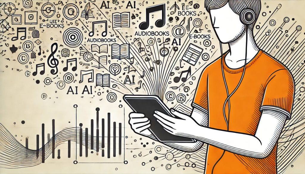 Tekoälyllä tehty kuva henkilöstä, jolla on tabletti kädessä ja josta virtaa musiikkia ja ääntä.