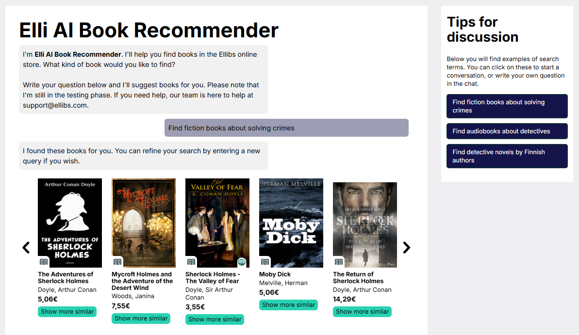 A screenshot of the Ellibs Elli AI Book Recommender.