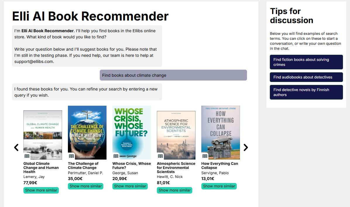A screenshot of the Ellibs Elli AI tool, which is recommending books related to climate change based on the user’s search. The screen shows a series of books, their covers, prices and recommendation buttons as well as a sidebar with instructions and example searches.