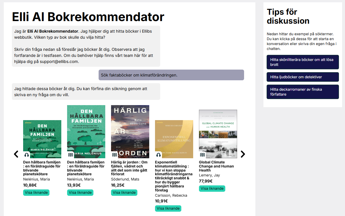 Skärmbild av Elli AI-boktipsaren i Ellibs, som föreslår böcker om klimatförändringen utifrån användarens sökning. På skärmen visas en bokkarusell med omslagsbilder, priser och rekommendationsknappar samt en sidopanel med bruksanvisningar och exempel på sökningar.